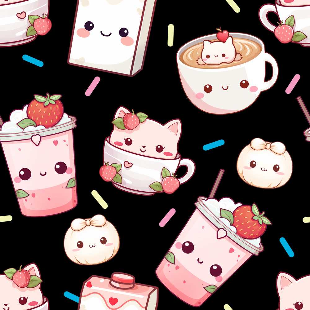 Cute Strawberry Cat Coffee Cups Kawaii Black Illustration