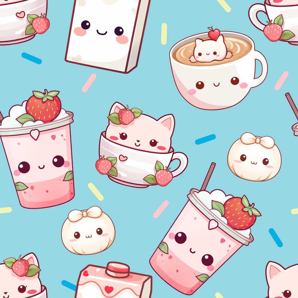 Cute Strawberry Cat Coffee Cups Blue Kawaii Illustration