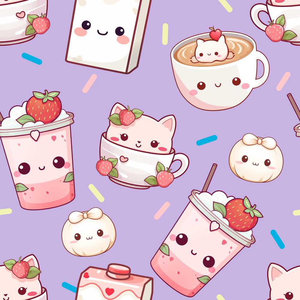 Cute Strawberry Cat Coffee Cups Purple Kawaii Illustration