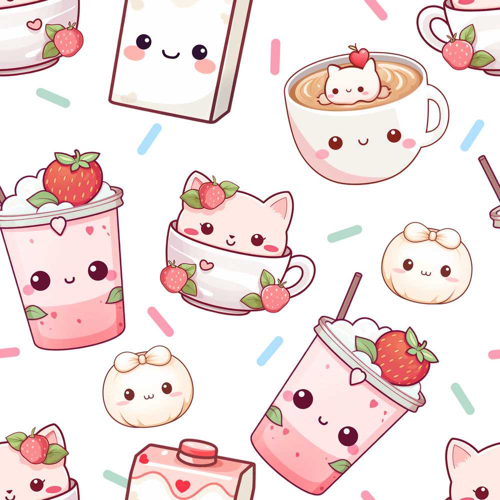 Cute Strawberry Cat Coffee Cups White Kawaii Illustration