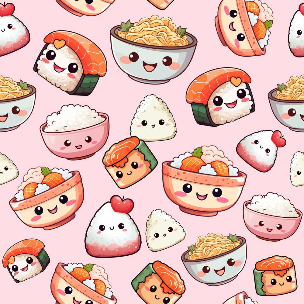 Cute Kawaii Sushi Rice Bowls and Noodles Characters