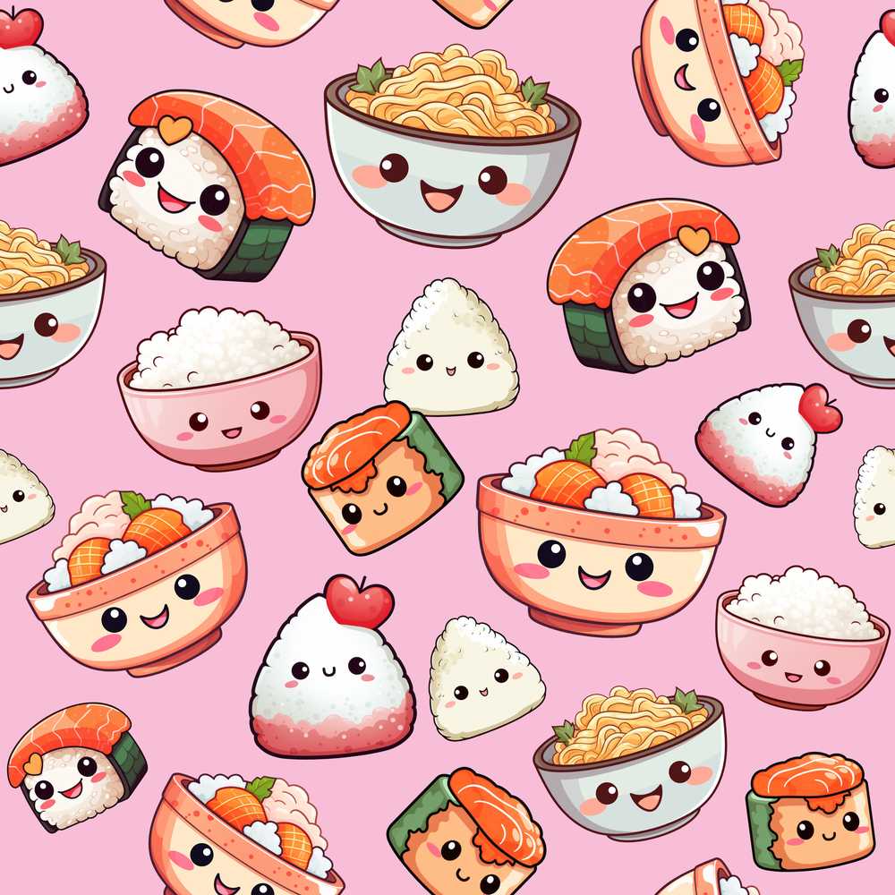 Kawaii Sushi Rice Bowls and Noodles Characters Pink