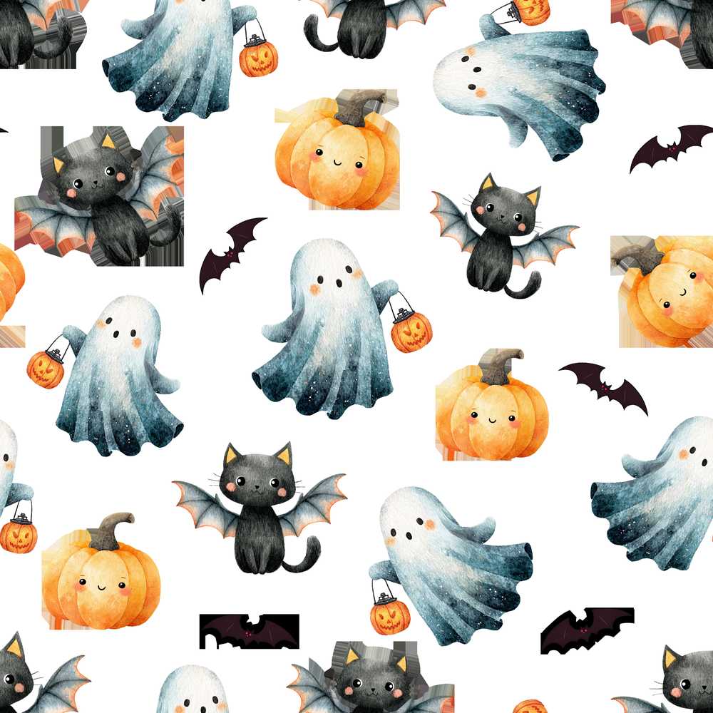 Cute Watercolor Ghost Pumpkin and Bat Halloween Spooky