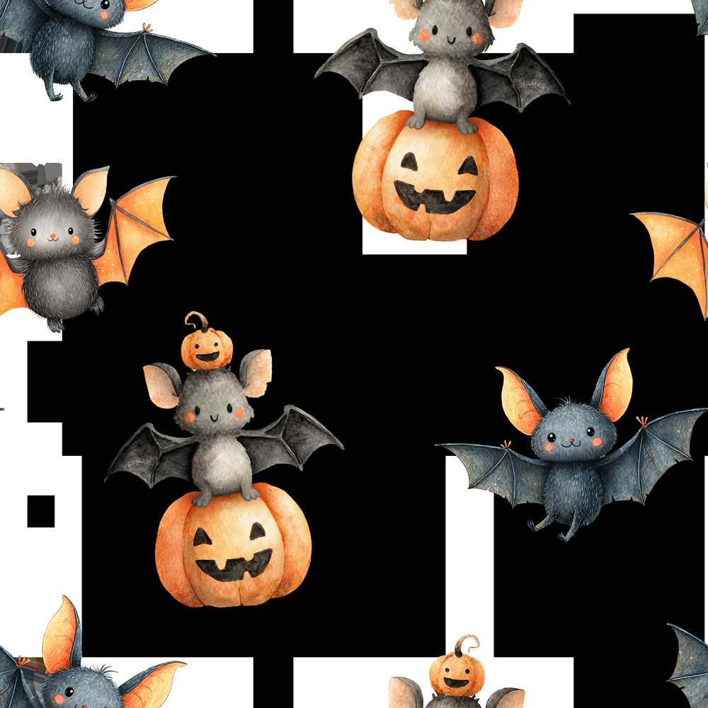 Cute Watercolor Bat Pumpkin and Stars Halloween Spooky