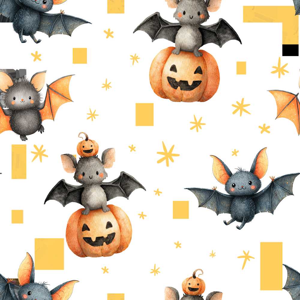 Cute Watercolor Halloween Bats and Pumpkins with Stars