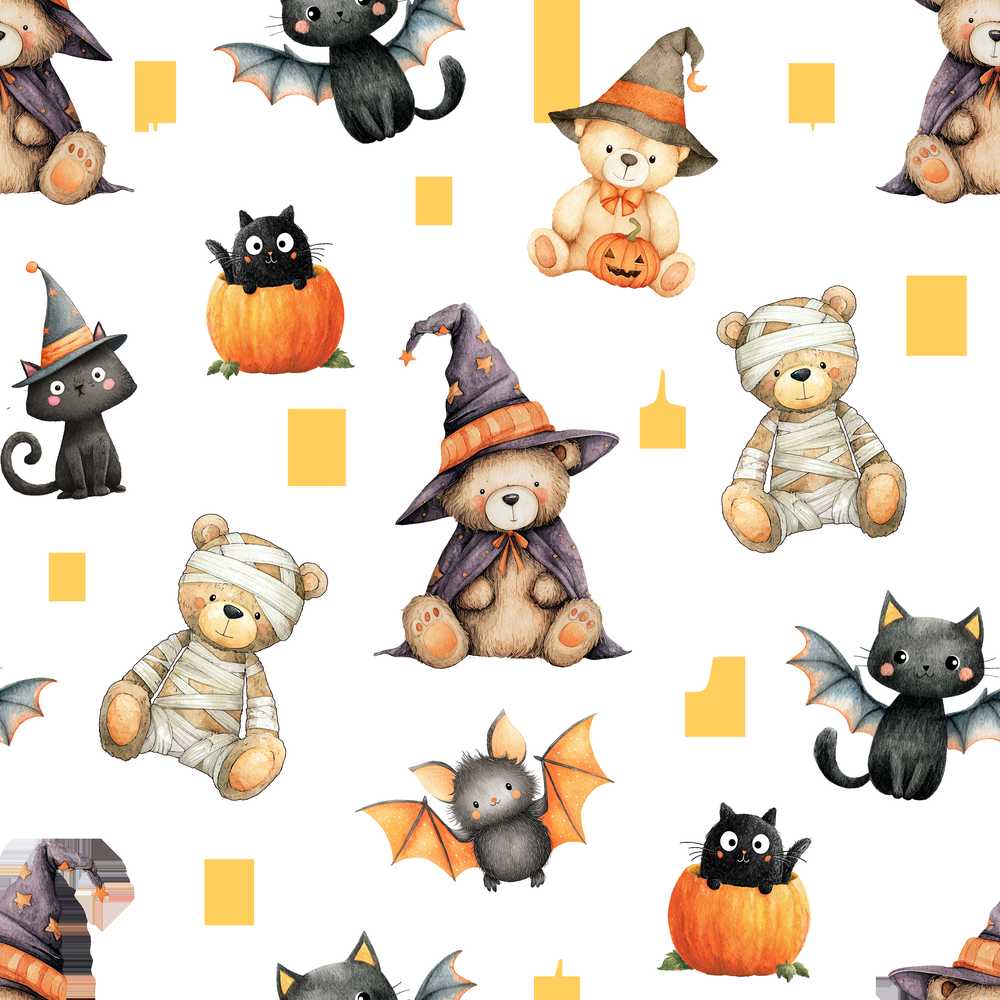 Cute Halloween Teddy Bears Witch Pumpkin and Bats
