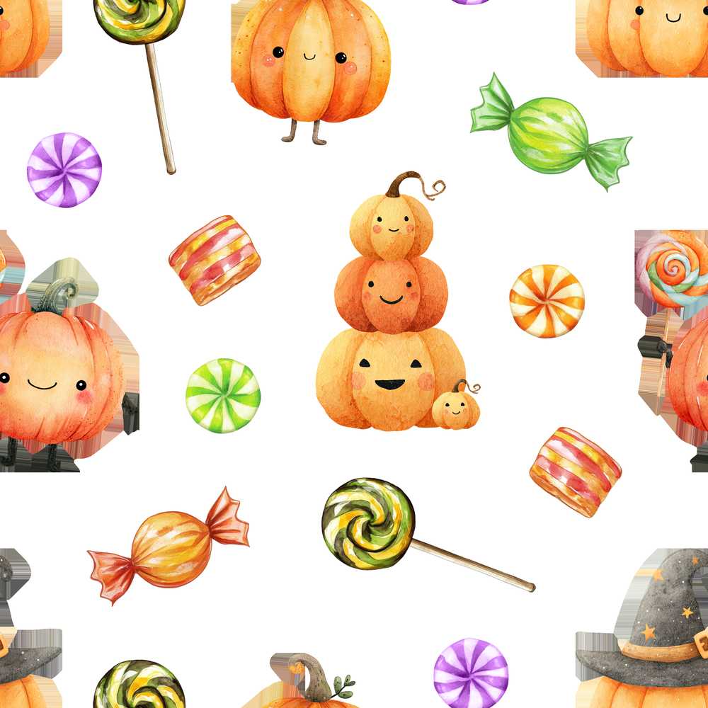 Cute Autumn Pumpkins Candy and Lollipops Watercolor Illustration