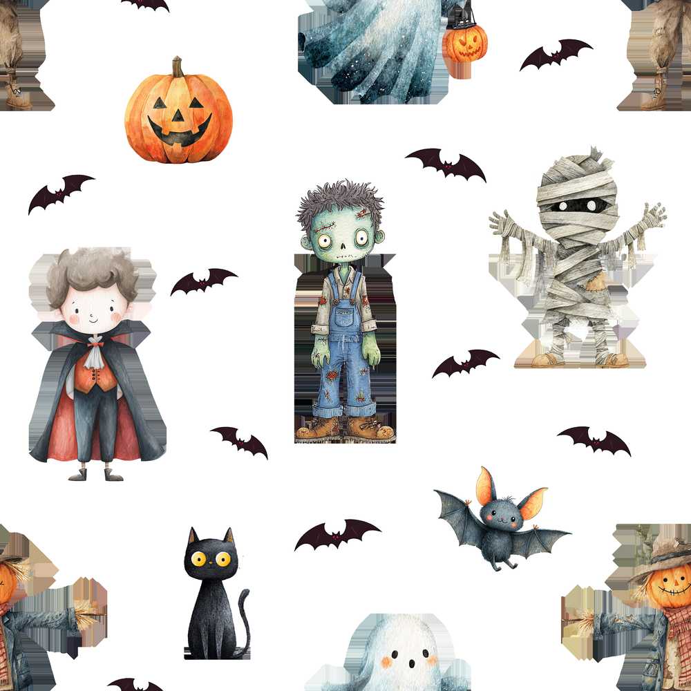 Cute Halloween Zombie Mummy Vampire and Bats Spooky