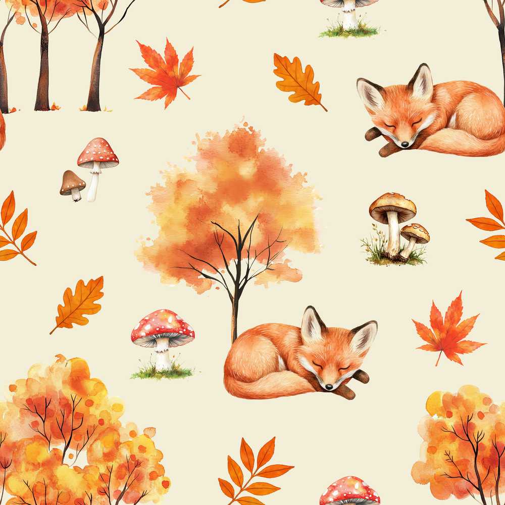 Cute Autumn Fox Leaves Mushrooms Watercolor Wildflower Pattern Botanical