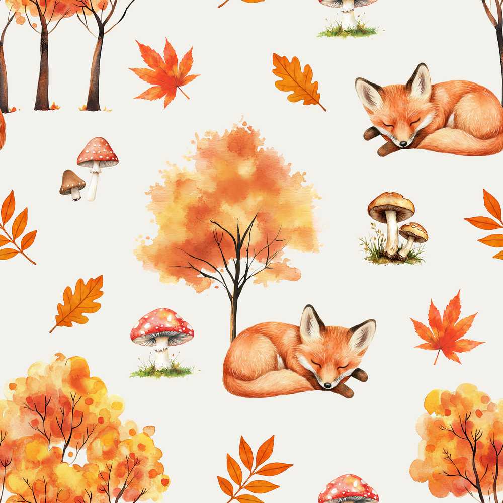 Cute Autumn Fox Leaves Mushrooms Watercolor Beige Wildflower Pattern