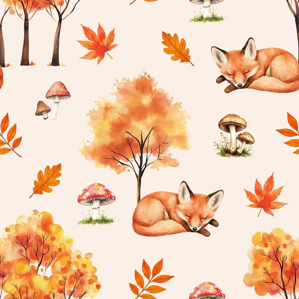 Cute Autumn Fox Leaves Mushrooms Watercolor Neutral Wildflower Pattern