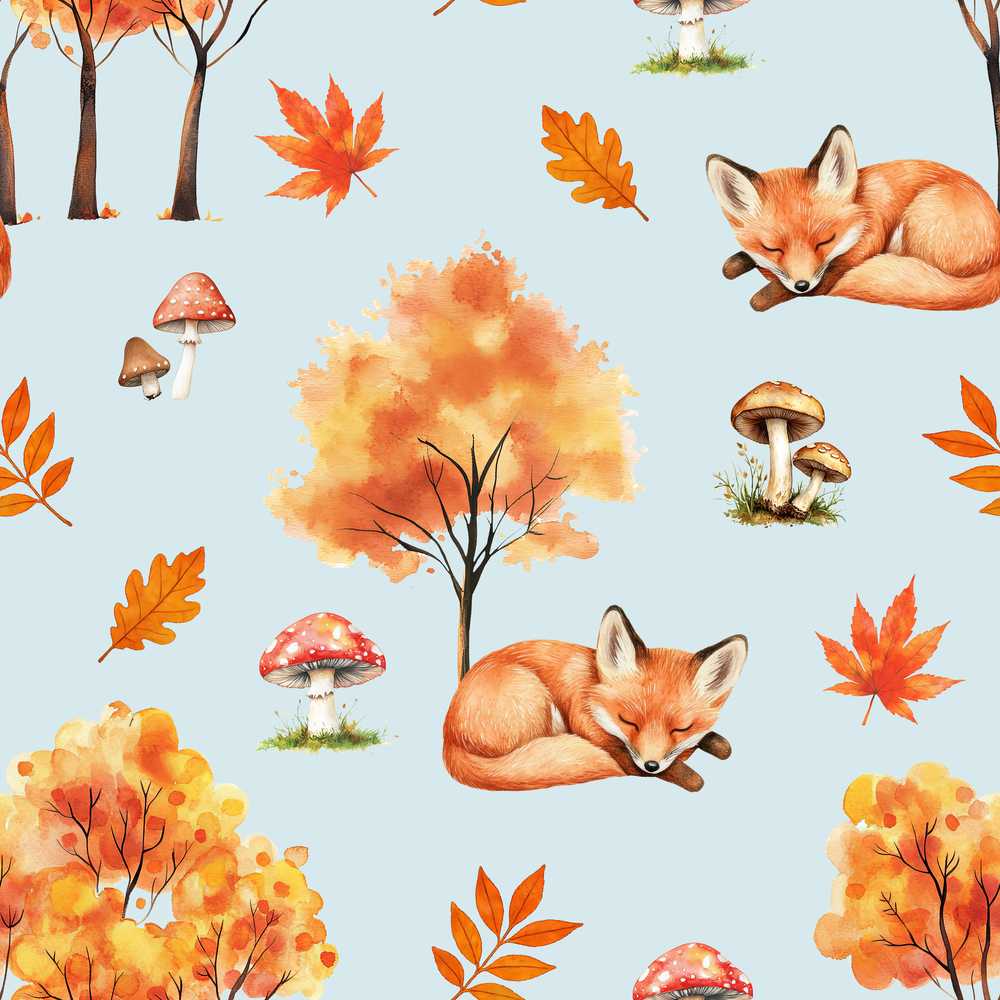 Cute Autumn Fox Leaves Mushrooms Watercolor Blue Background Wildflower