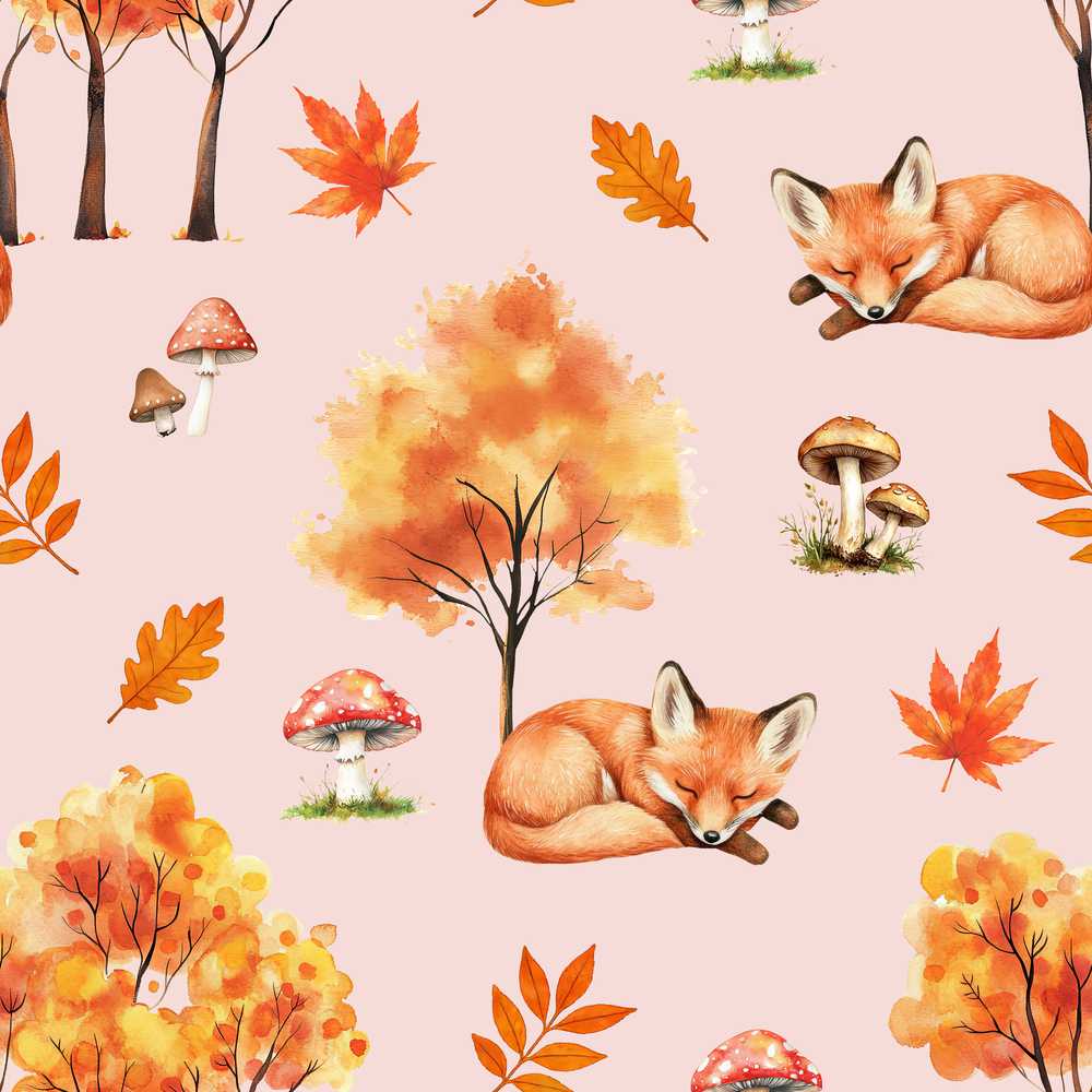 Cute Autumn Fox Leaves Mushrooms Watercolor Beige Background Wildflower