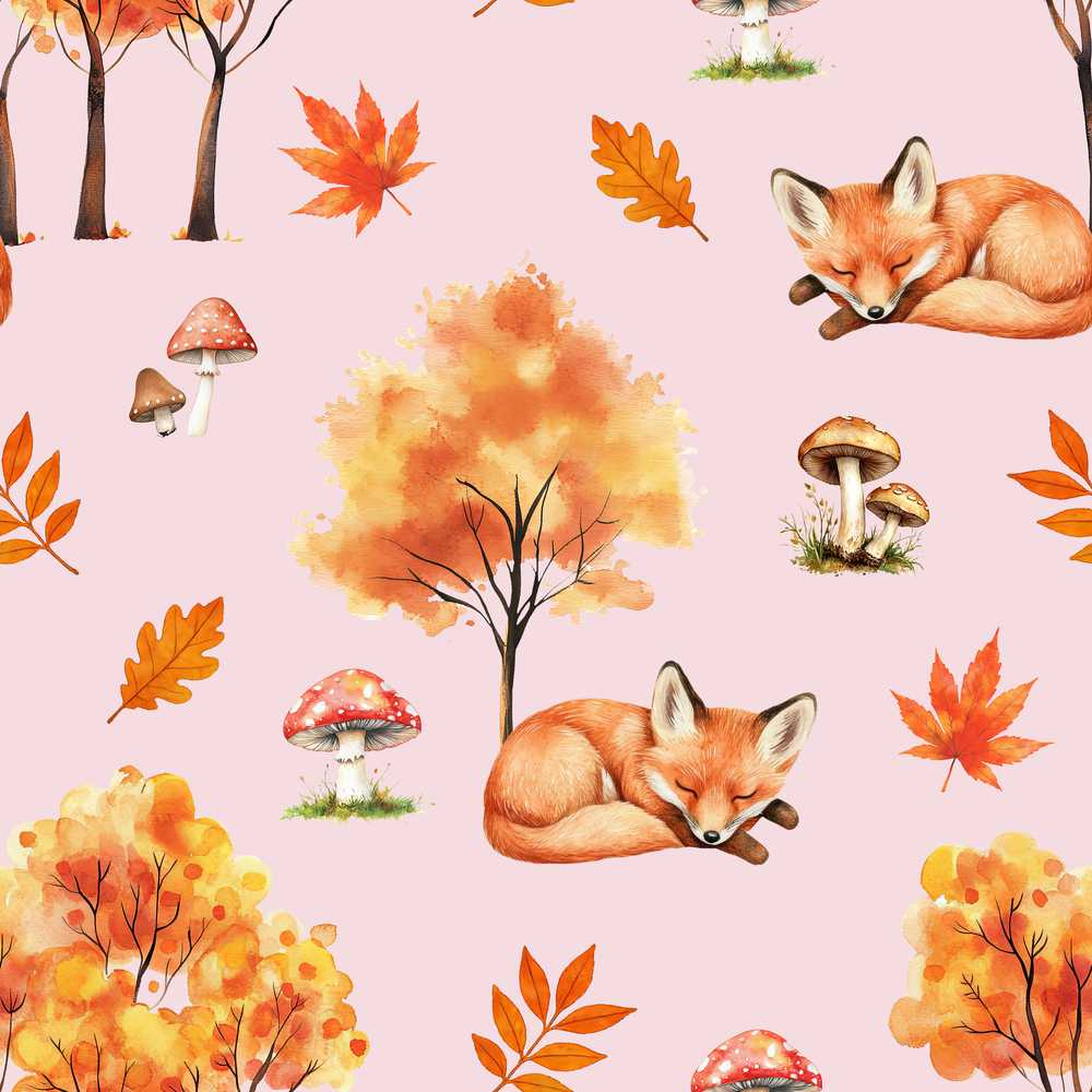 Cute Autumn Fox Leaves Mushrooms Watercolor Soft Pink Wildflower