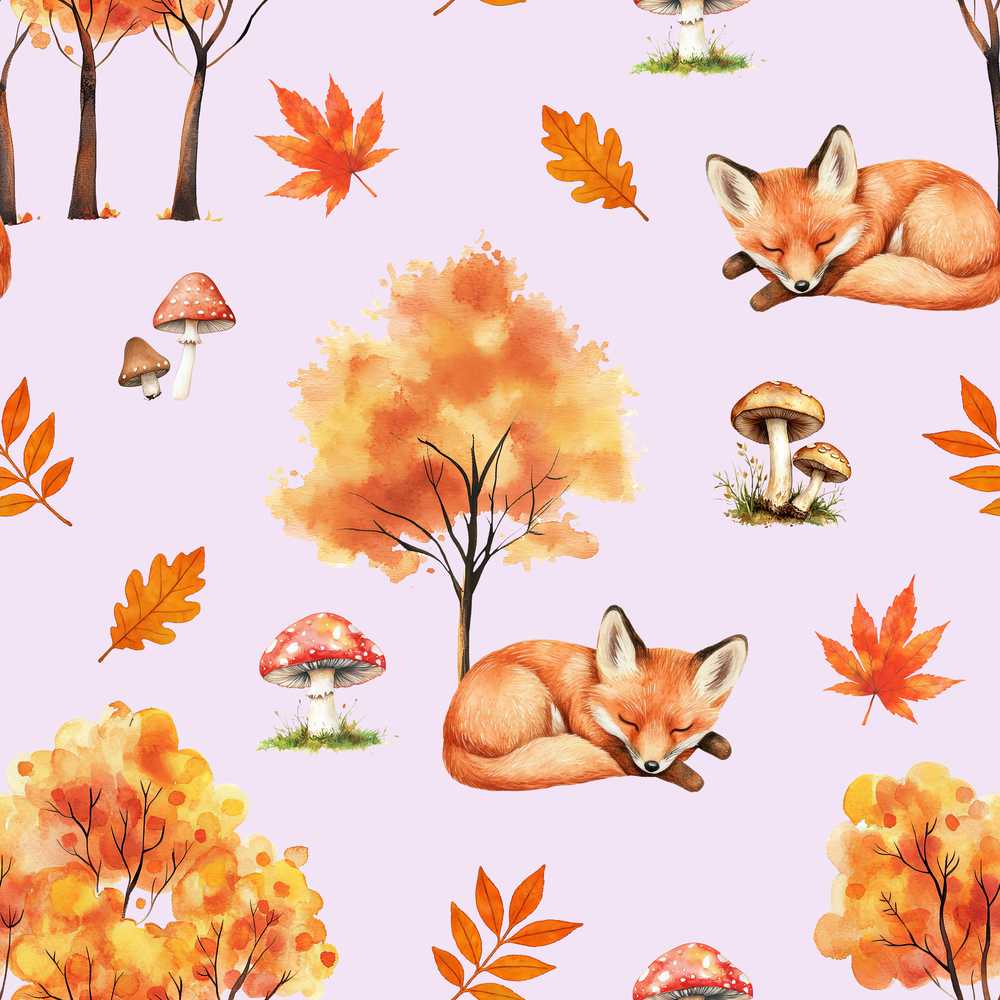Cute Autumn Fox Leaves Mushrooms Watercolor Neutral Cream Wildflower