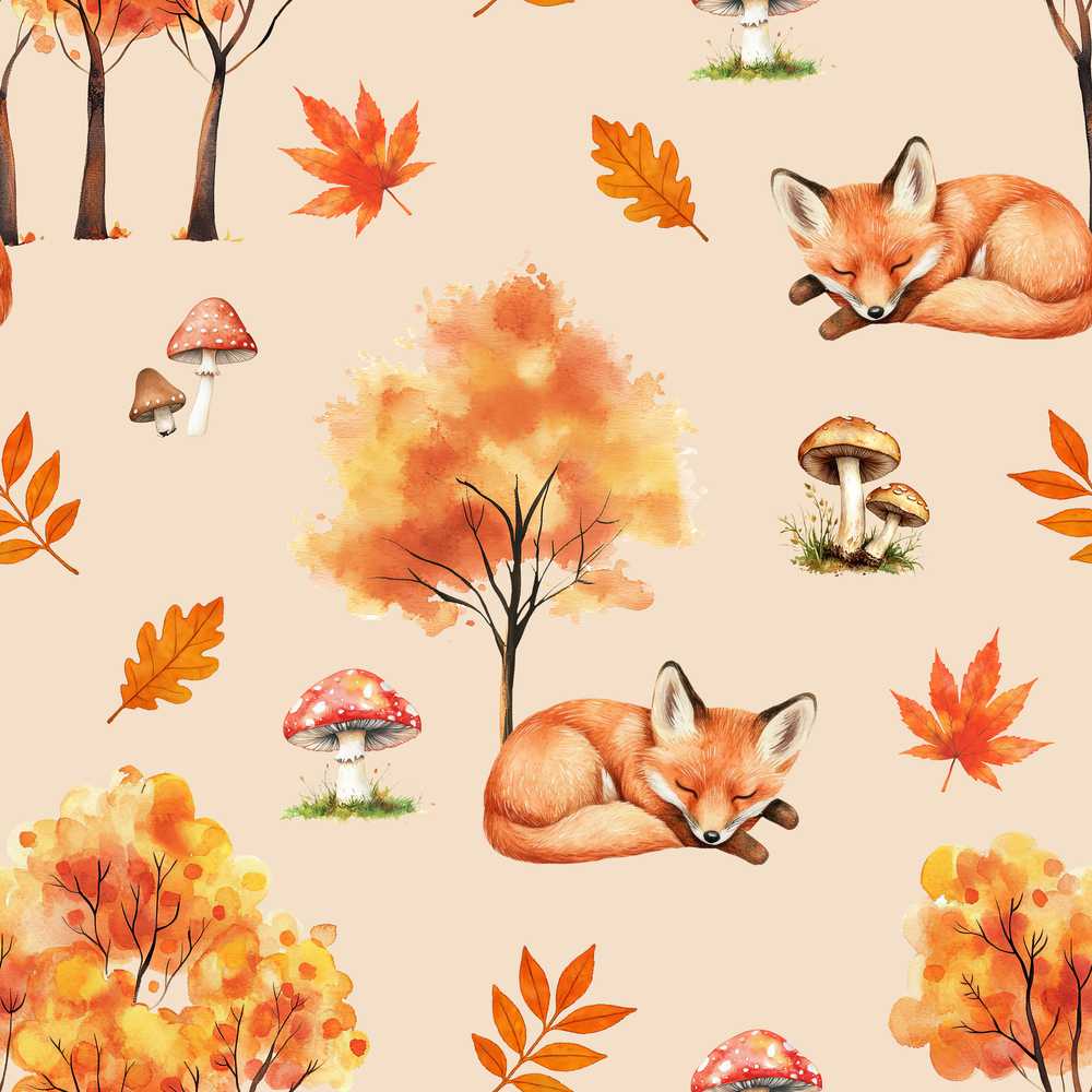 Cute Autumn Fox Leaves Mushrooms Watercolor Warm Beige Wildflower