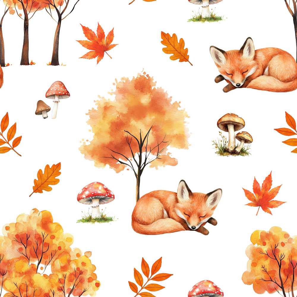 Cute Autumn Fox Leaves Mushrooms Watercolor Light Grey Wildflower