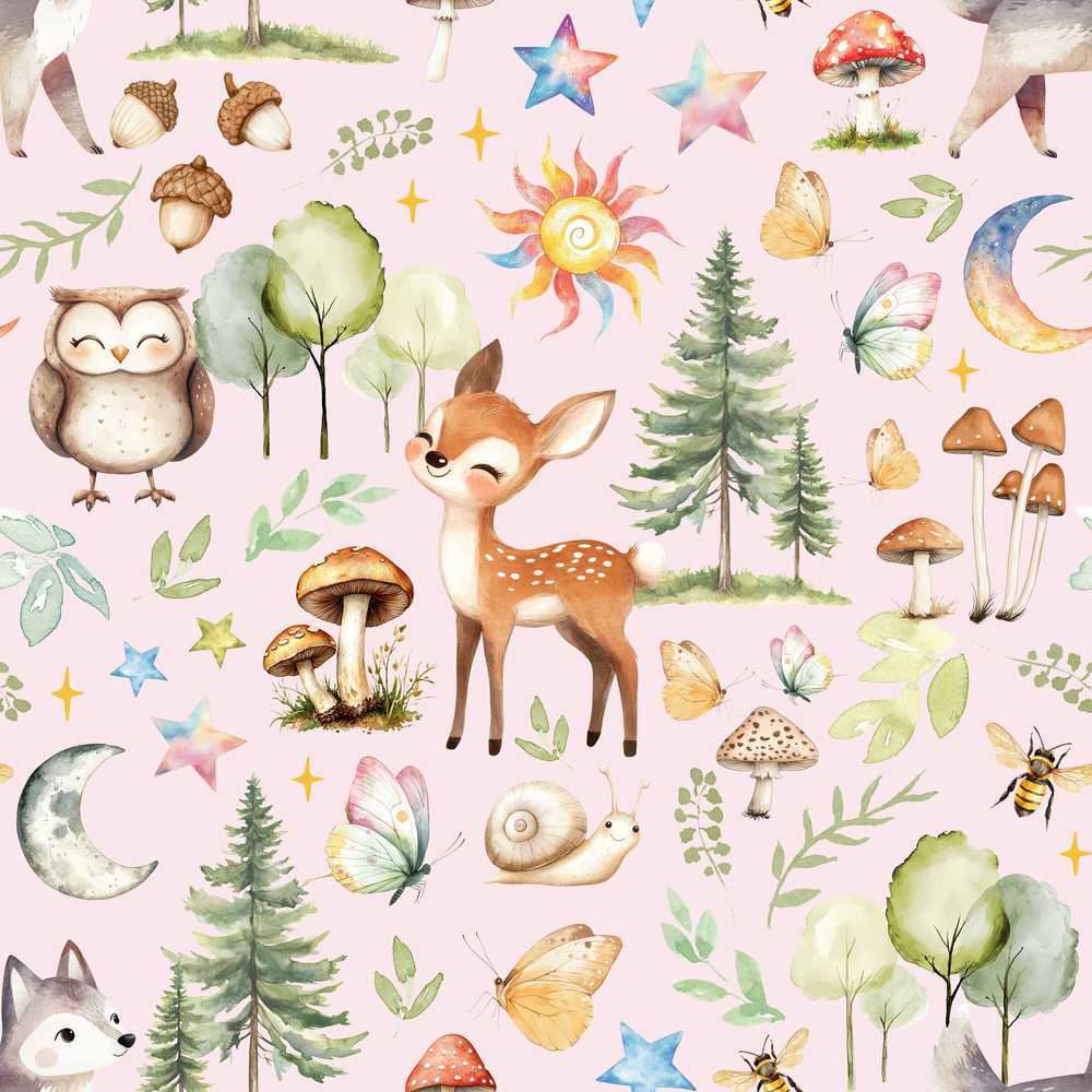 Woodland Deer Owl Mushrooms and Stars on Blush Pink