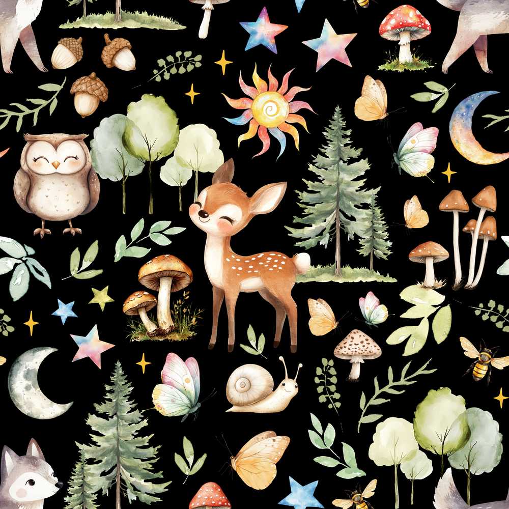 Cute Woodland Deer Owl Mushrooms and Stars on Black Background