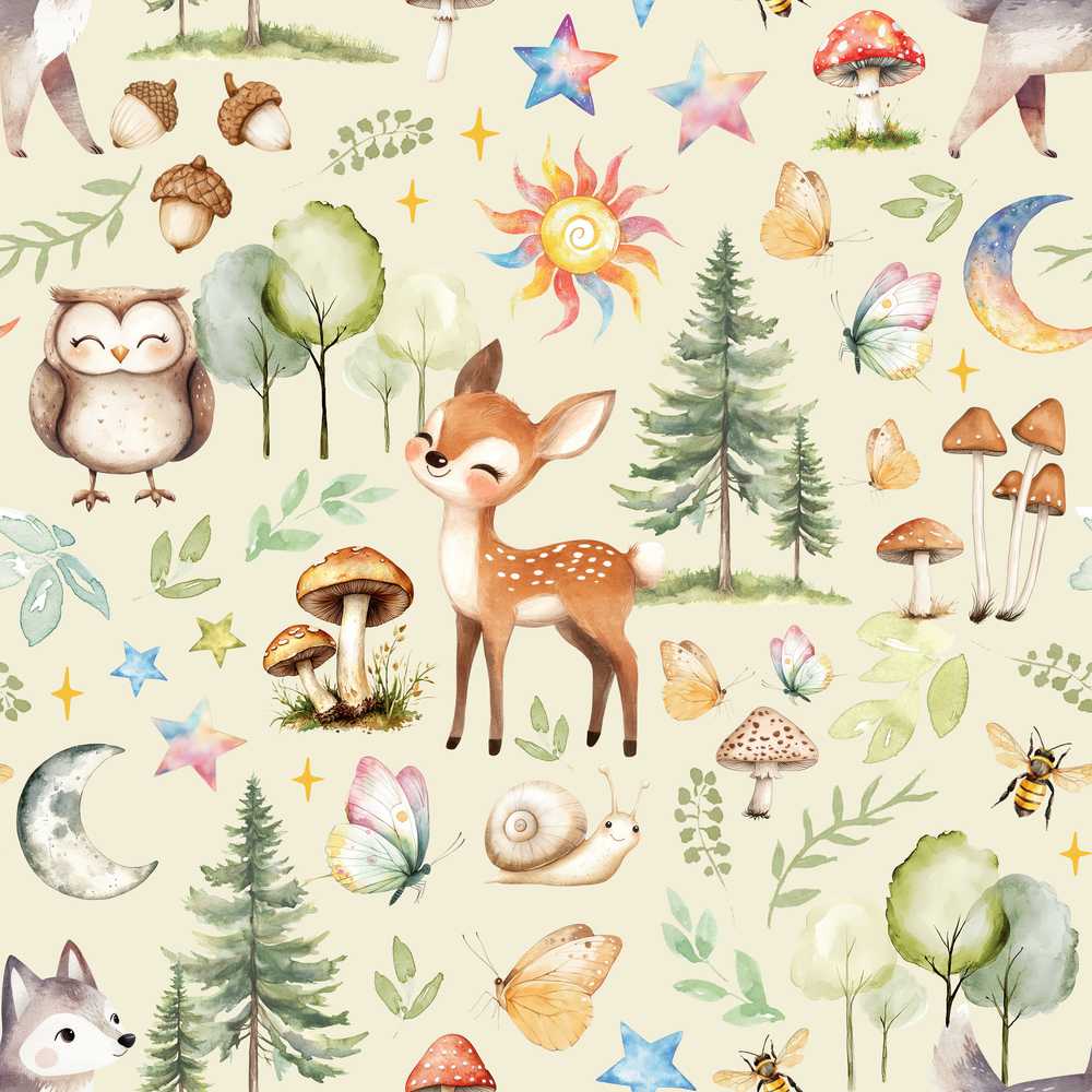 Cute Woodland Deer Owl Mushrooms and Stars on Cream Background