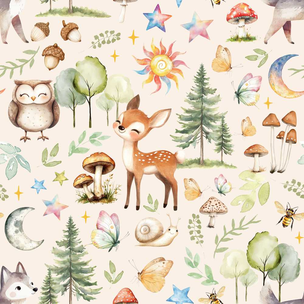 Woodland Deer Owl Mushrooms and Stars on Warm Neutral