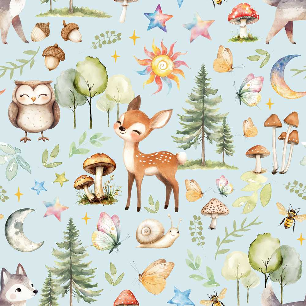 Woodland Deer Owl Mushrooms and Stars on Light Blue