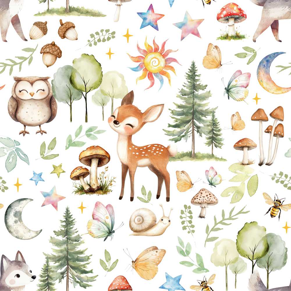Woodland Deer Owl Mushrooms Stars on Light Grey