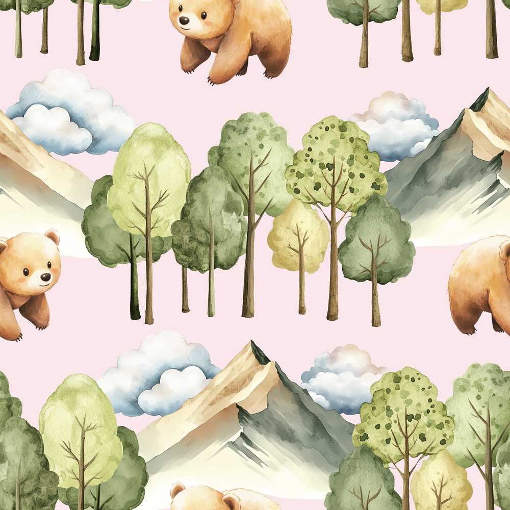 Forest Bear Trees Mountains Clouds on Blush Pink