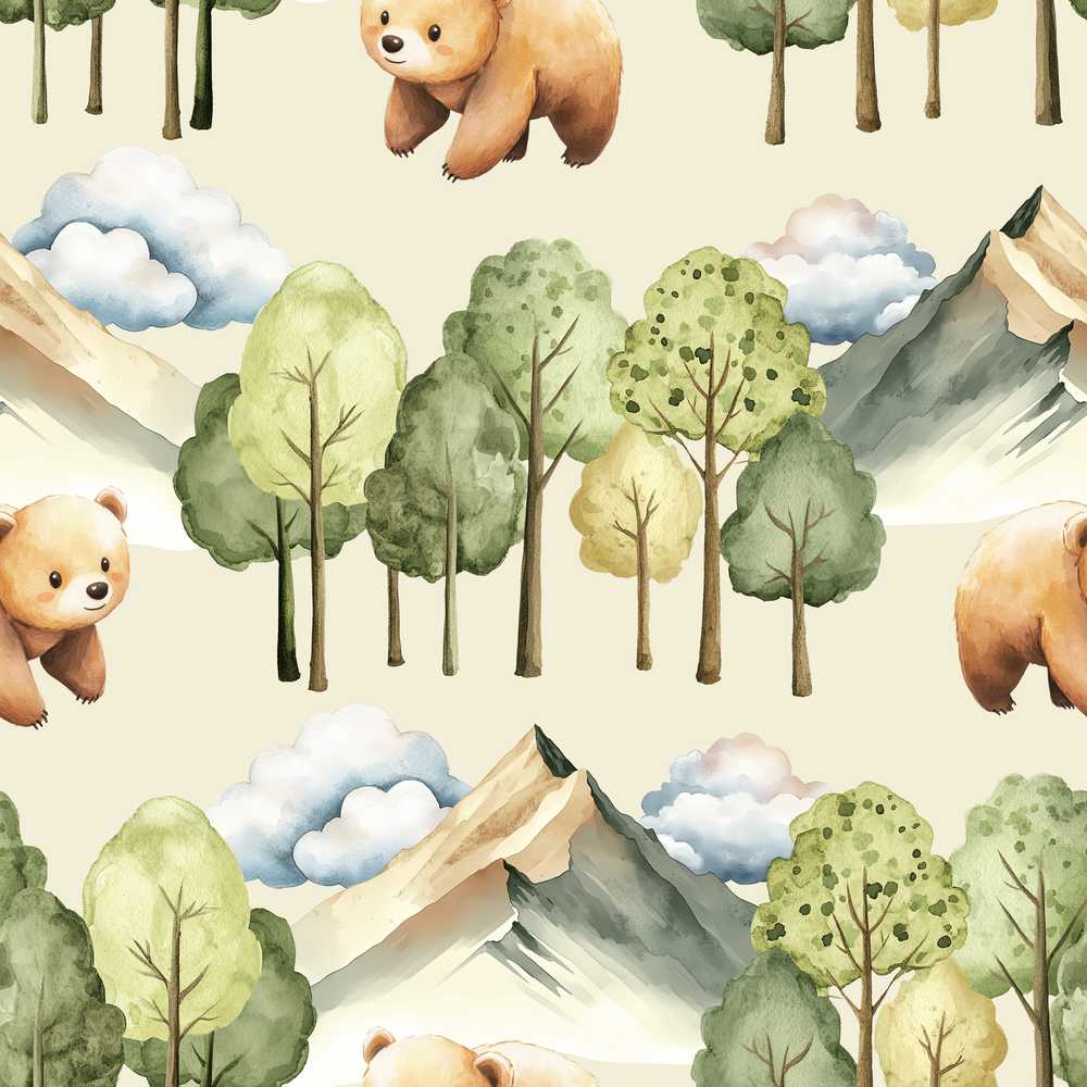 Cute Forest Bear Trees Mountains Clouds on Cream Background