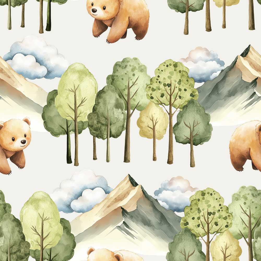 Forest Bear Trees Mountains Clouds on Light Grey