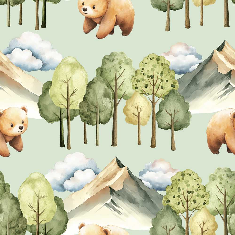 Forest Bear Trees Mountains Clouds on Sage Green