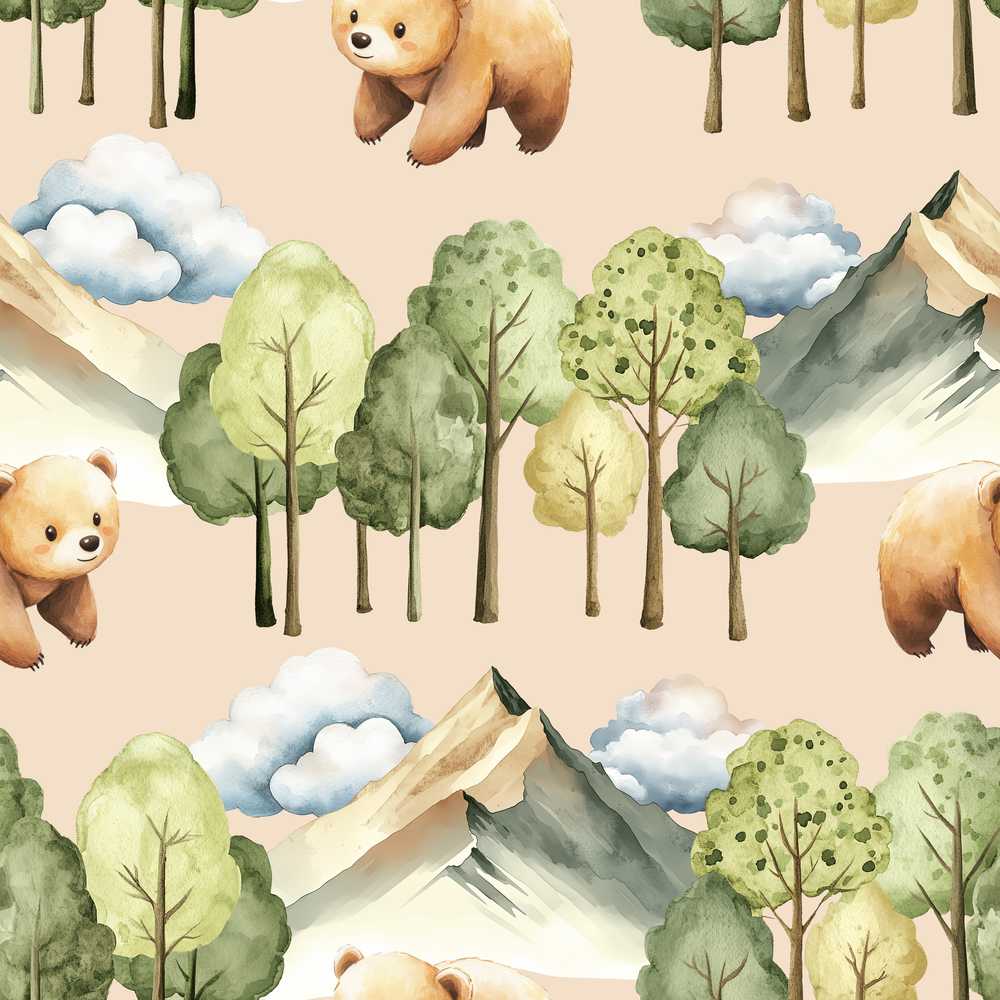 Forest Bear Trees Mountains Clouds on Neutral Cream
