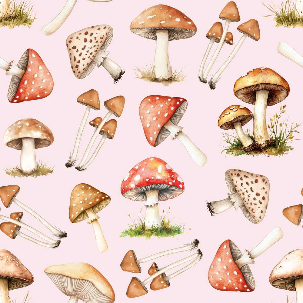 Watercolor Mushrooms Botanical Forest Elements on Blush Pink Wildflower