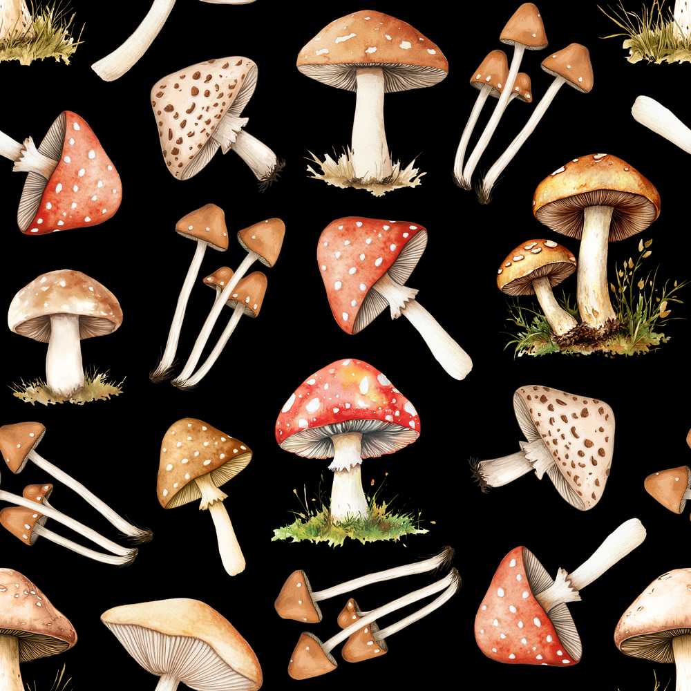 Watercolor Mushrooms Botanical Forest Elements on Black Wildflower Pattern