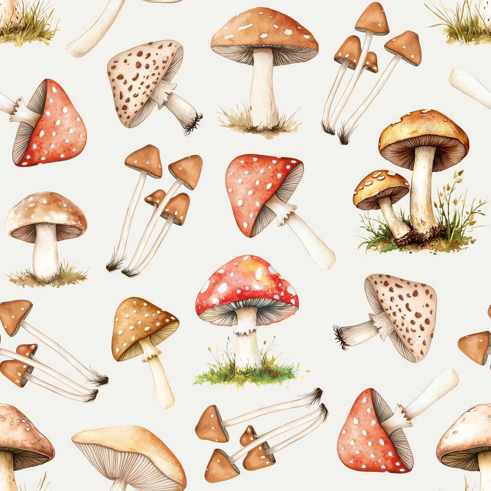 Watercolor Forest Mushrooms Botanical Elements on Light Grey Wildflower