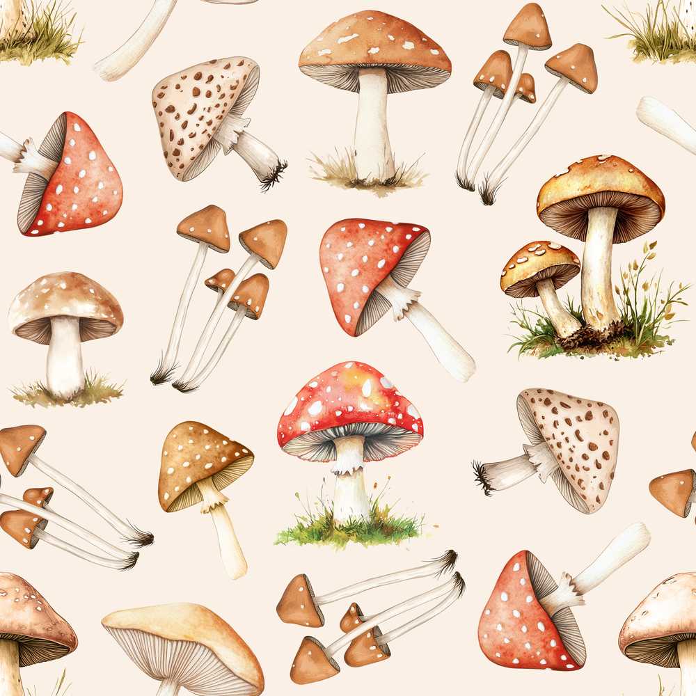Forest Mushrooms Botanical Elements on Neutral Cream Wildflower Pattern