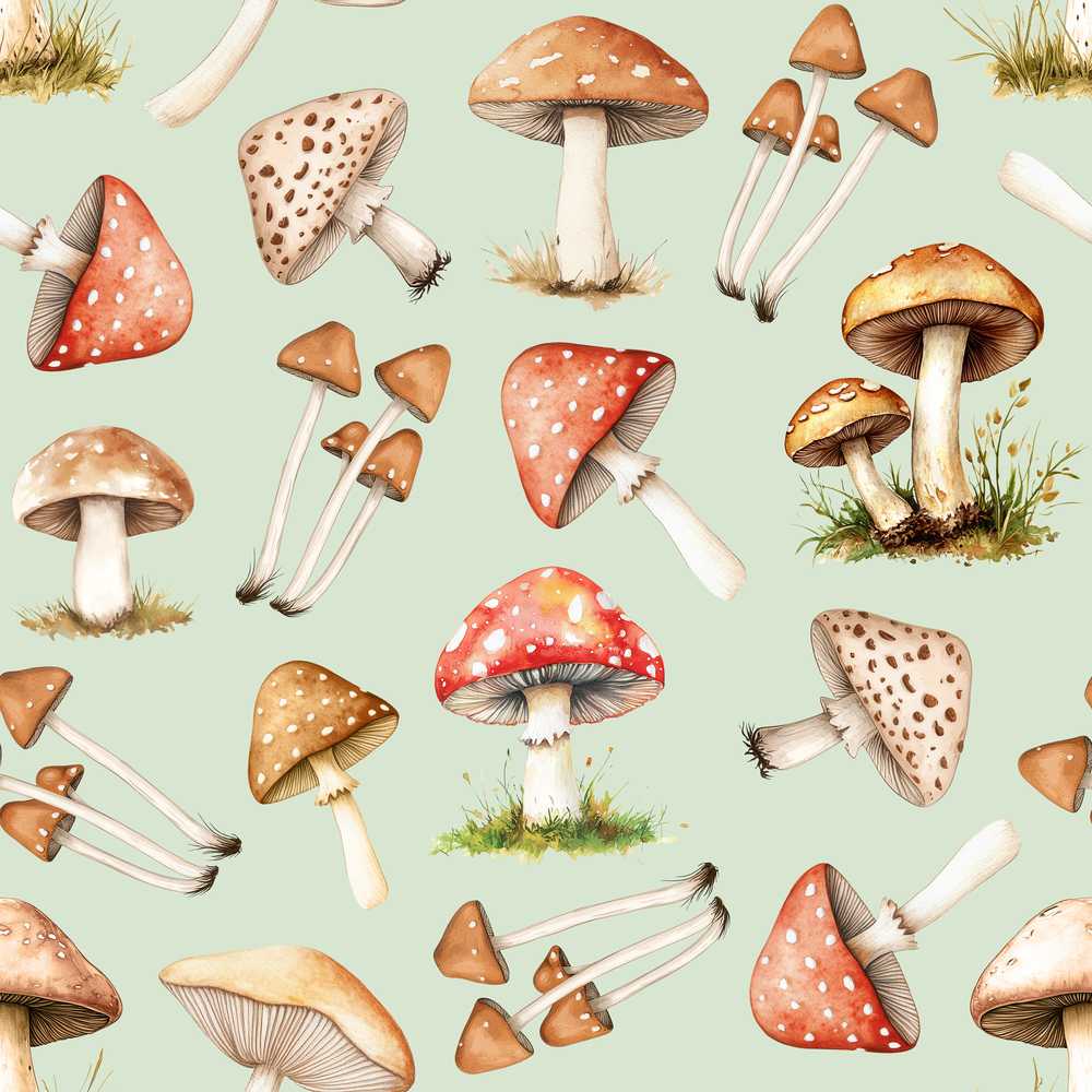Watercolor Forest Mushrooms Botanical Elements on Sage Green Wildflower