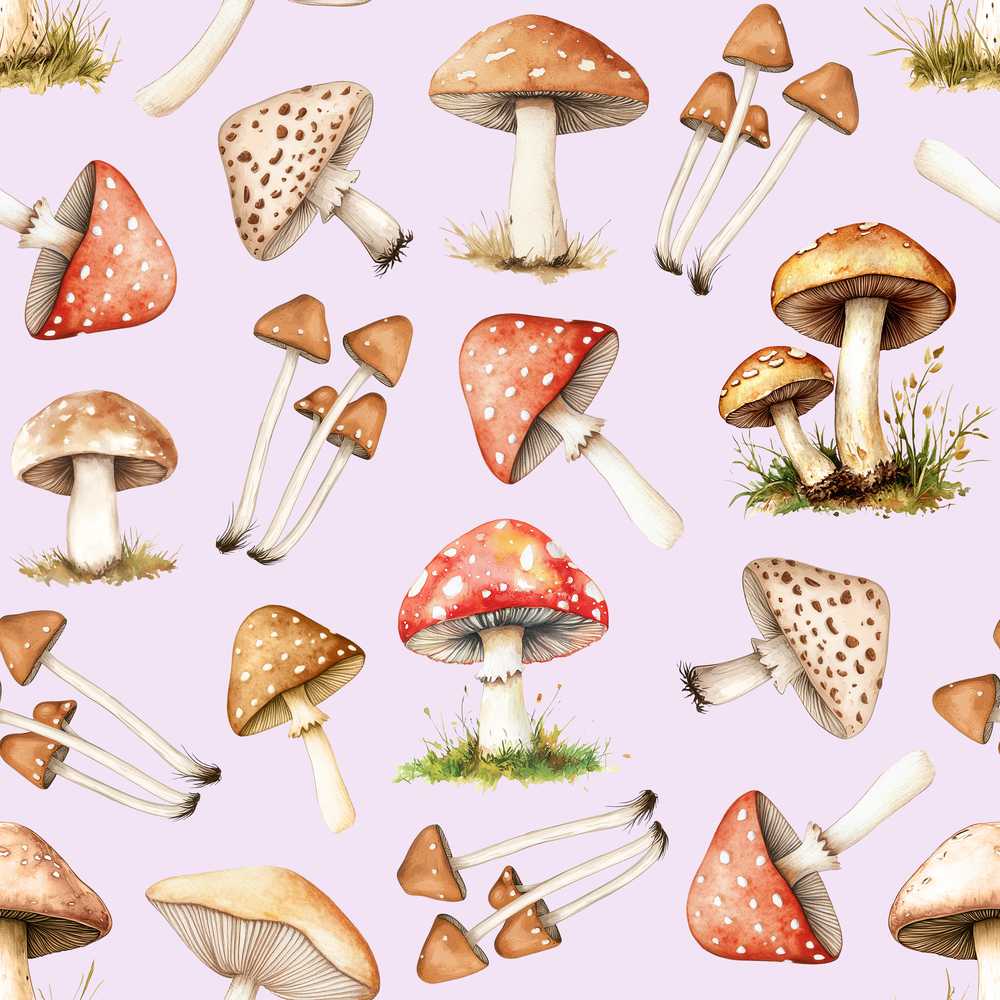 Watercolor Forest Mushrooms Botanical Elements on Soft Lilac Wildflower