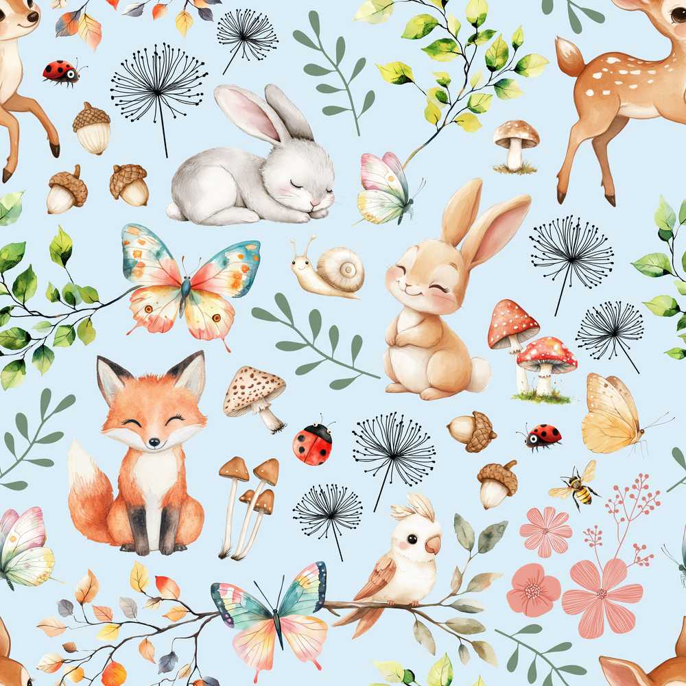 Woodland Animals Rabbit Fox Butterfly Leaves on Soft Blue