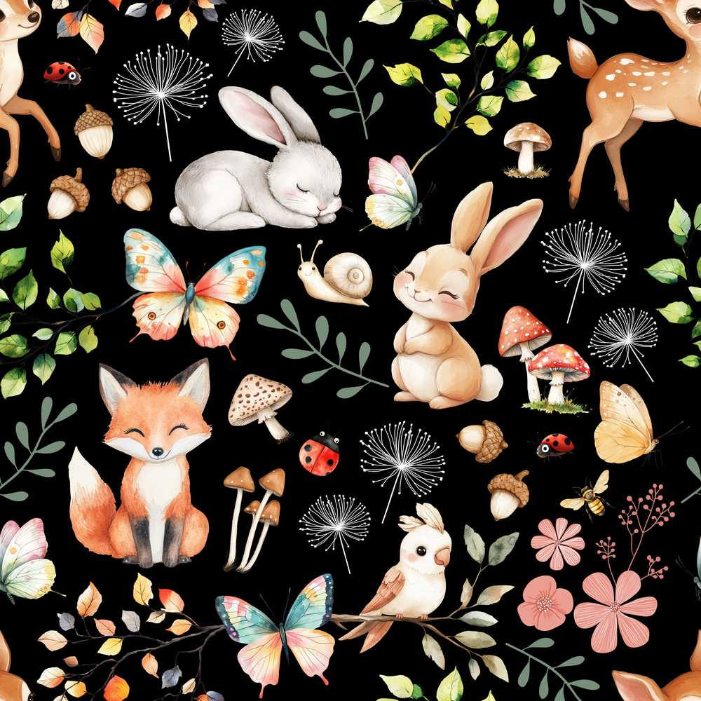 Woodland Animal Rabbit Fox Butterfly Floral Elements on Black