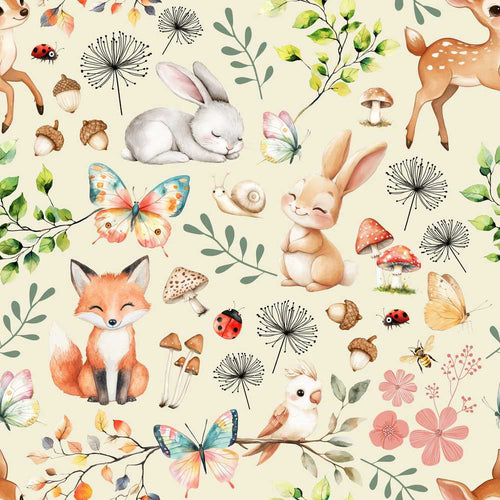 Animals Rabbit Fox Butterfly Floral Elements on Soft Beige