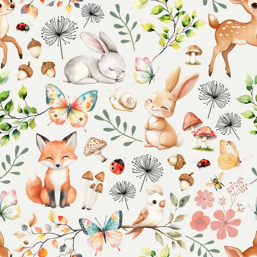 Animals Rabbit Fox Butterfly Floral Elements on Light Grey