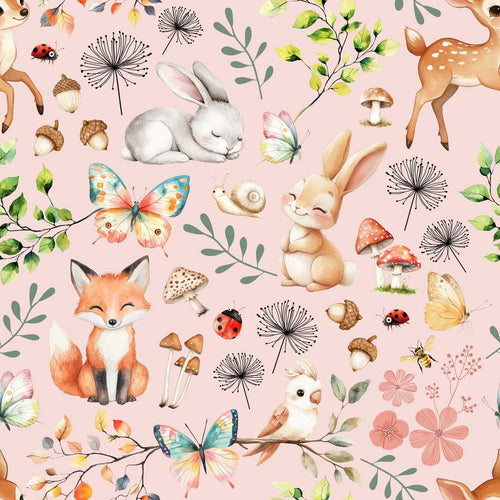 Animals Rabbit Fox Butterfly Floral Elements on Blush Pink
