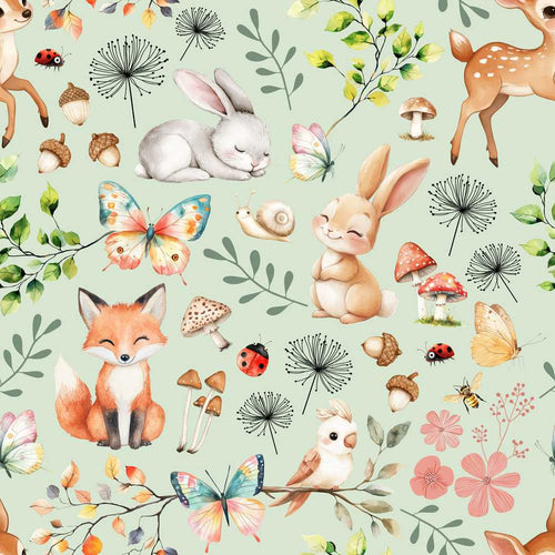 Animals Rabbit Fox Butterfly Floral Elements on Sage Green