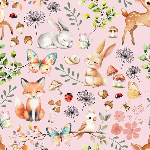 Animals Rabbit Fox Butterfly Floral Elements on Soft Lilac