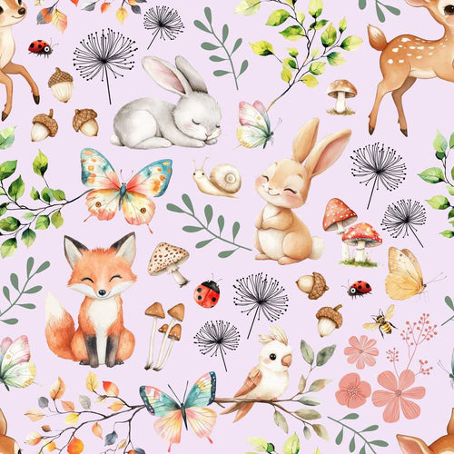 Animals Rabbit Butterfly Floral Elements on Neutral Cream Wildflower