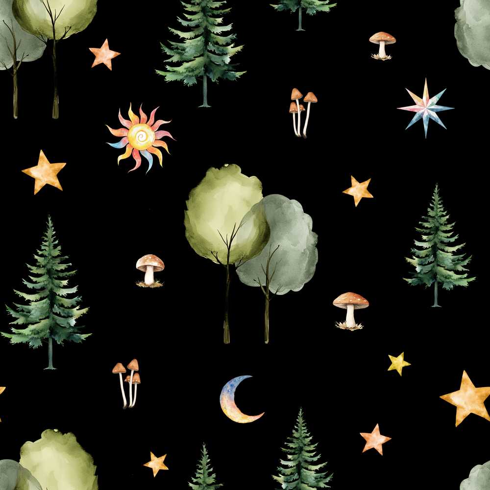 Watercolor Forest Trees Mushrooms Sun Moon Stars Cosmic