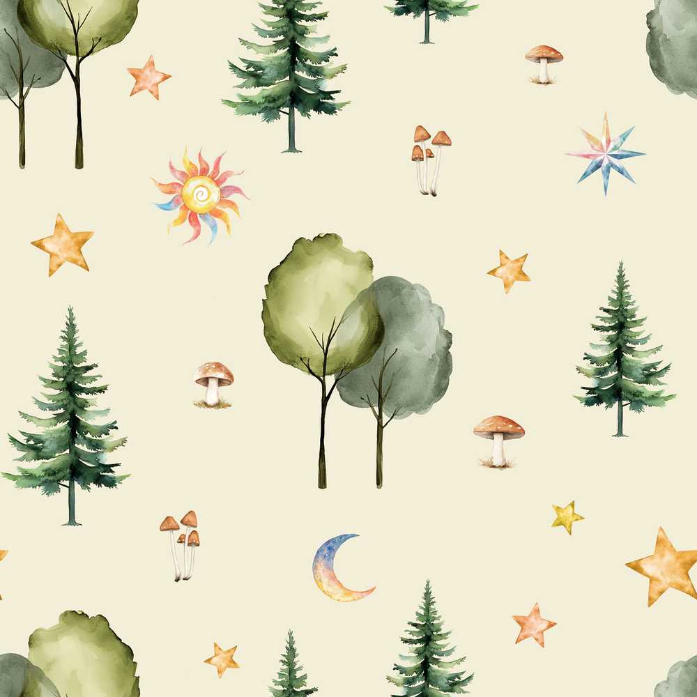 Watercolor Forest Trees Mushrooms Sun Moon Stars on Beige