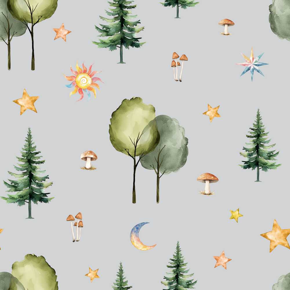 Watercolor Forest Trees Mushrooms Sun Moon Stars on Soft Grey