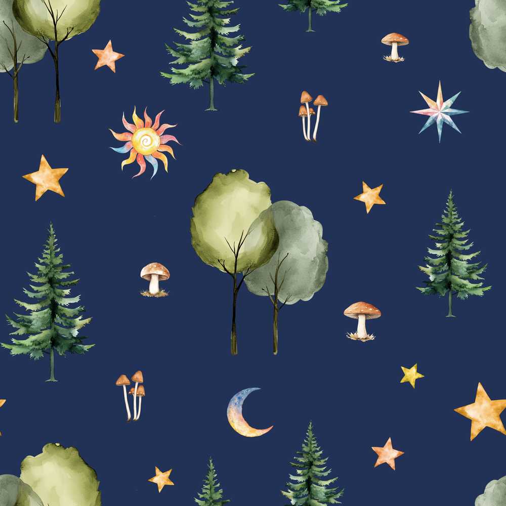 Watercolor Forest Trees Mushrooms Sun Moon Stars on Dark Blue